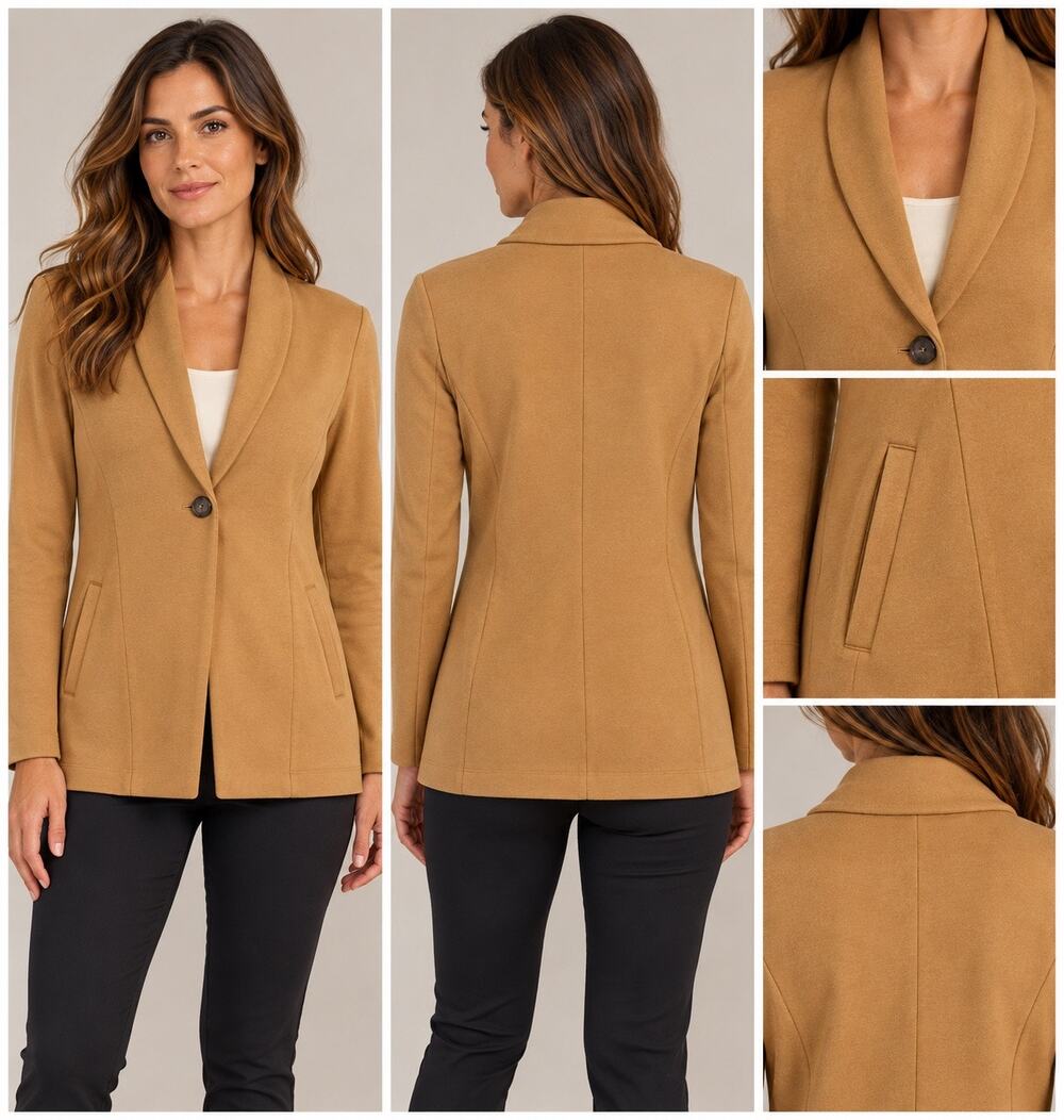 J Jill Ponte Blazer Women's L Camel Tan Single Button Shawl Collar Stretch